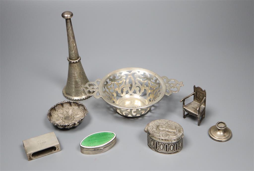 An Edwardian silver posy holder by George Unite & Sons, 14.6cm cup, silver dish, silver miniature chair, a dish, 2 boxes etc